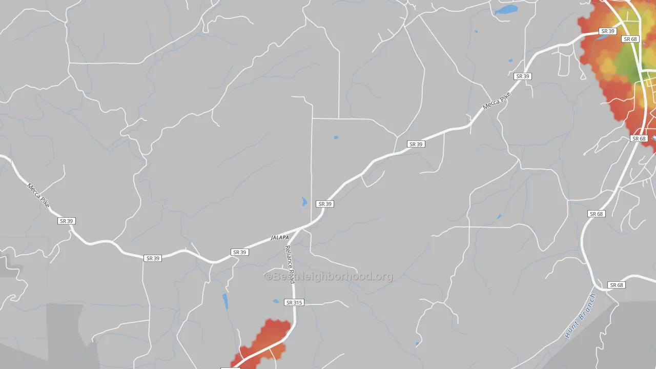 Walk Grade map of Jalapa, TN, walkable areas in green and car-dependent areas in red