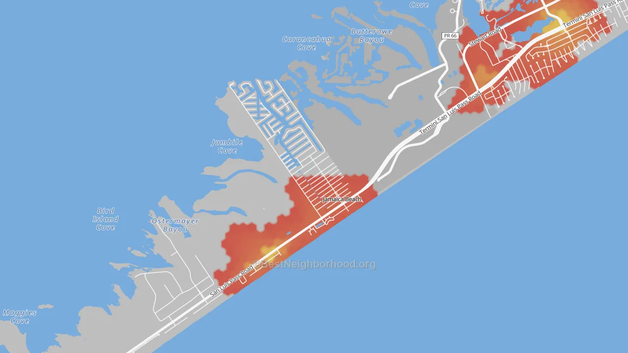 Walk Grade map of Jamaica Beach, TX, walkable areas in green and car-dependent areas in red