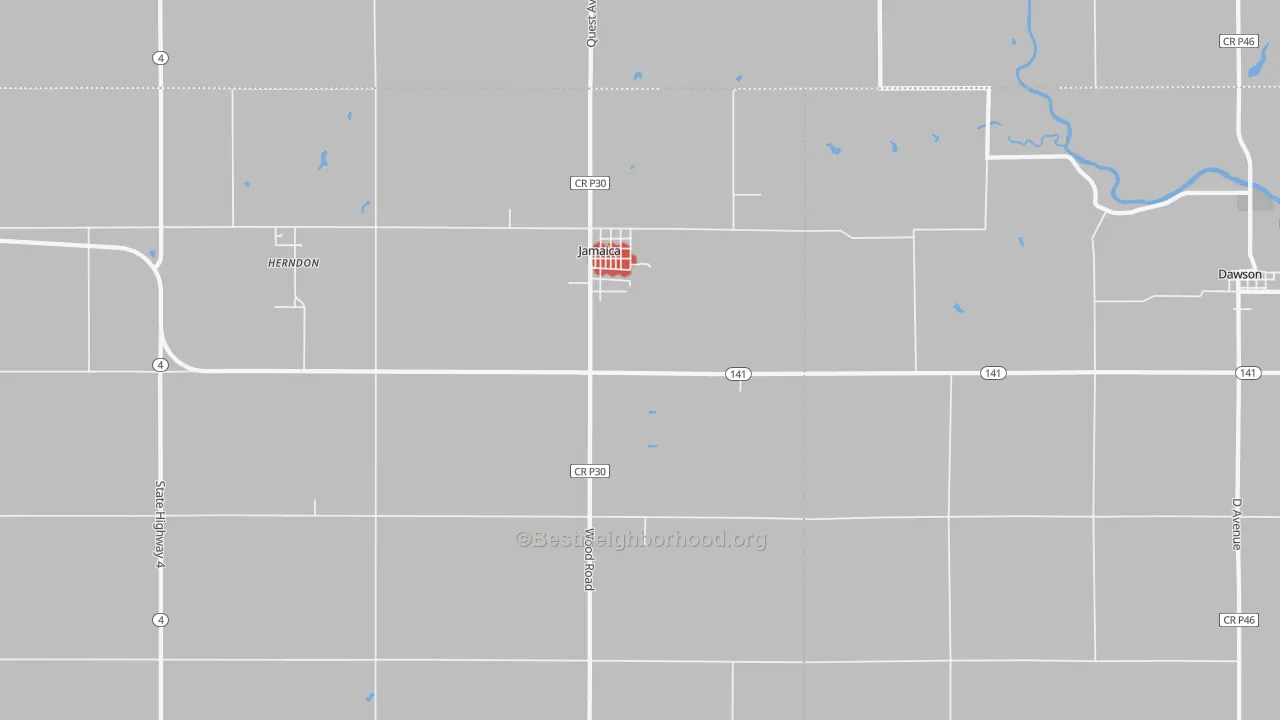 Walk Grade map of Jamaica, IA, walkable areas in green and car-dependent areas in red