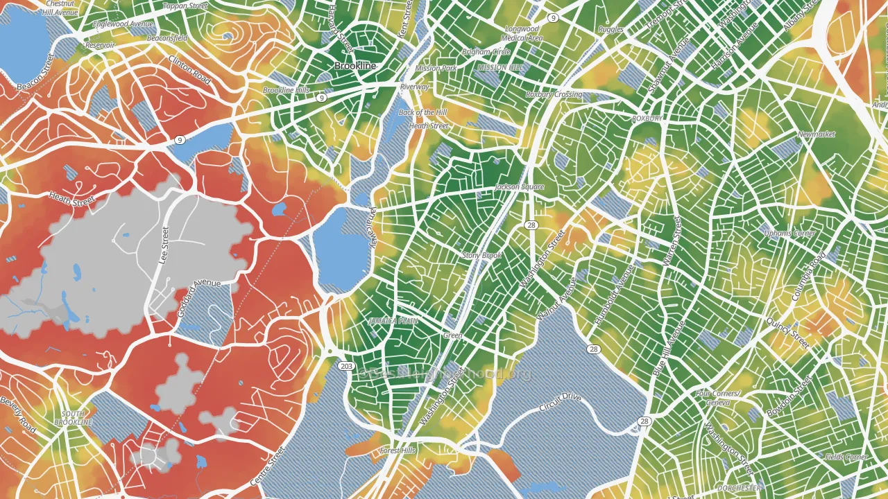 Walk Grade map of Jamaica Plain, MA, walkable areas in green and car-dependent areas in red