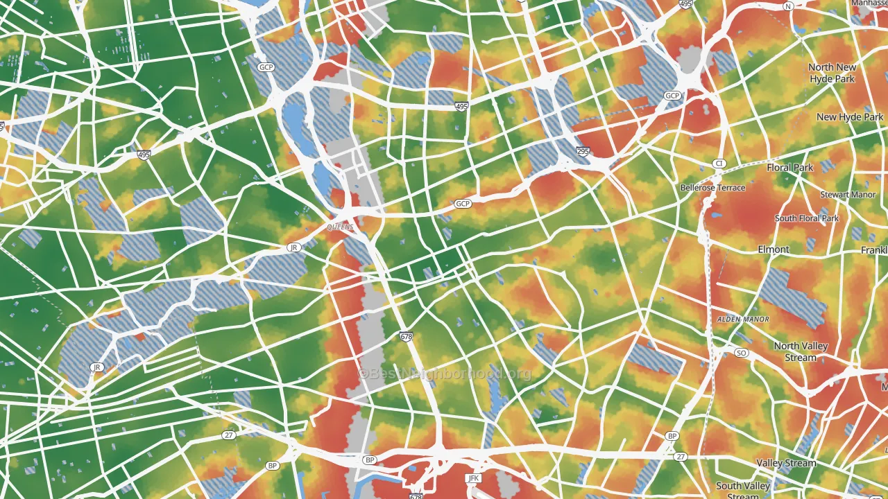 Walk Grade map of Jamaica, Queens, NY, walkable areas in green and car-dependent areas in red