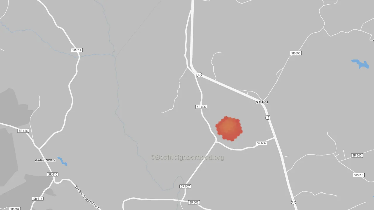 Walk Grade map of Jamaica, VA, walkable areas in green and car-dependent areas in red