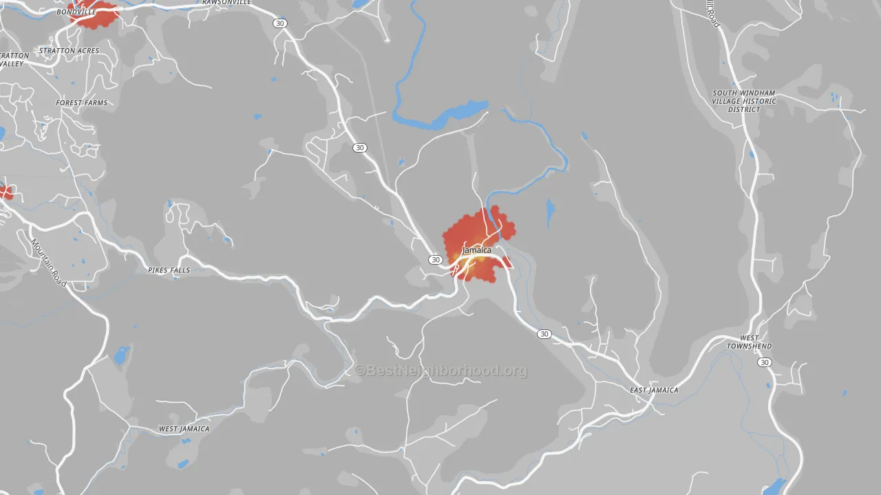 Walk Grade map of Jamaica, VT, walkable areas in green and car-dependent areas in red