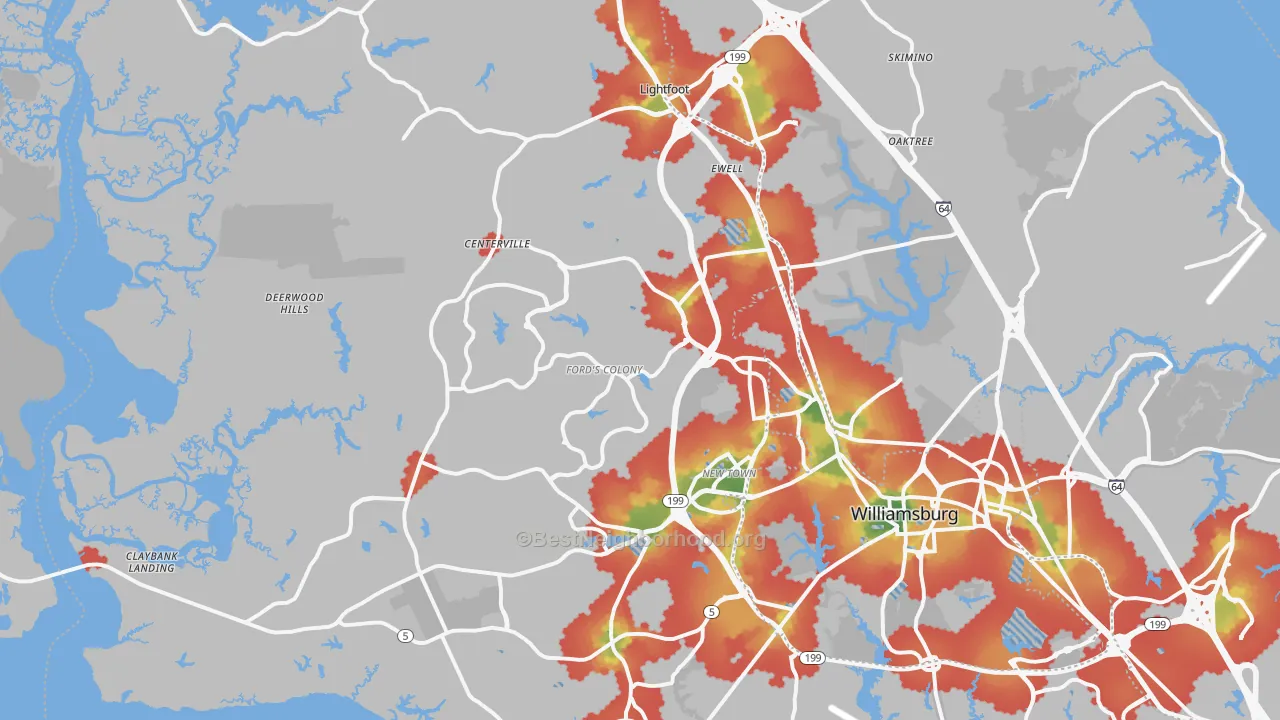 Walk Grade map of James City County, VA, walkable areas in green and car-dependent areas in red
