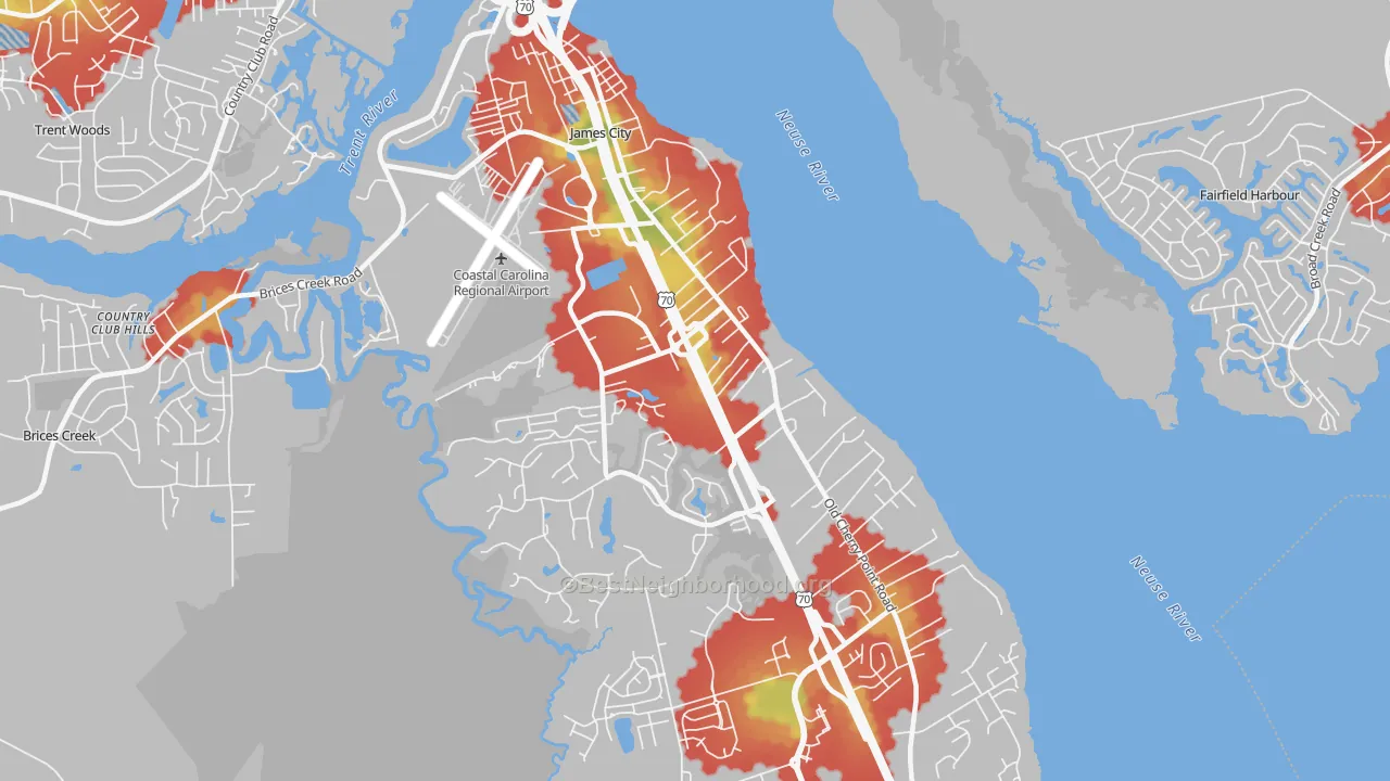 Walk Grade map of James City, NC, walkable areas in green and car-dependent areas in red