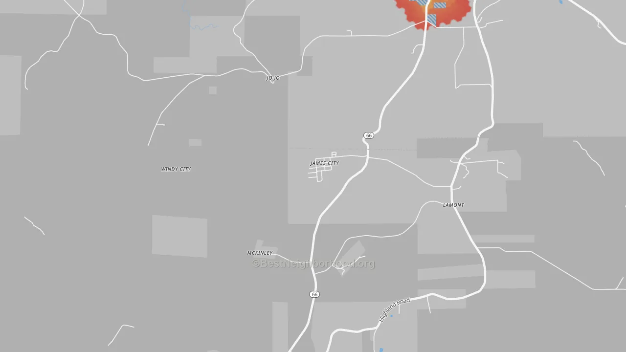 Walk Grade map of James City, PA, walkable areas in green and car-dependent areas in red