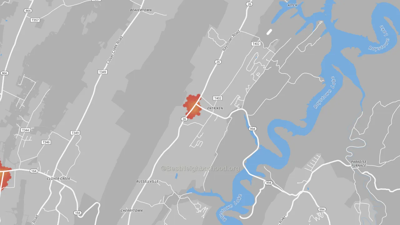 Walk Grade map of James Creek, PA, walkable areas in green and car-dependent areas in red