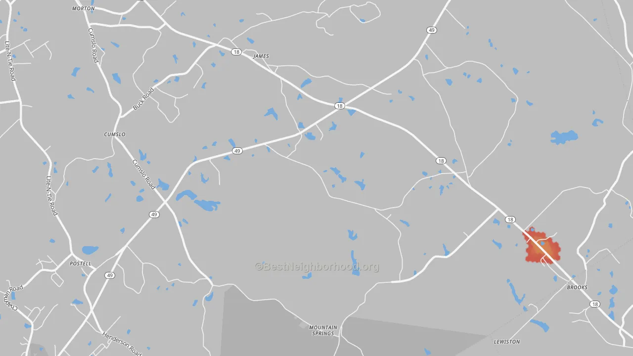 Walk Grade map of James, GA, walkable areas in green and car-dependent areas in red