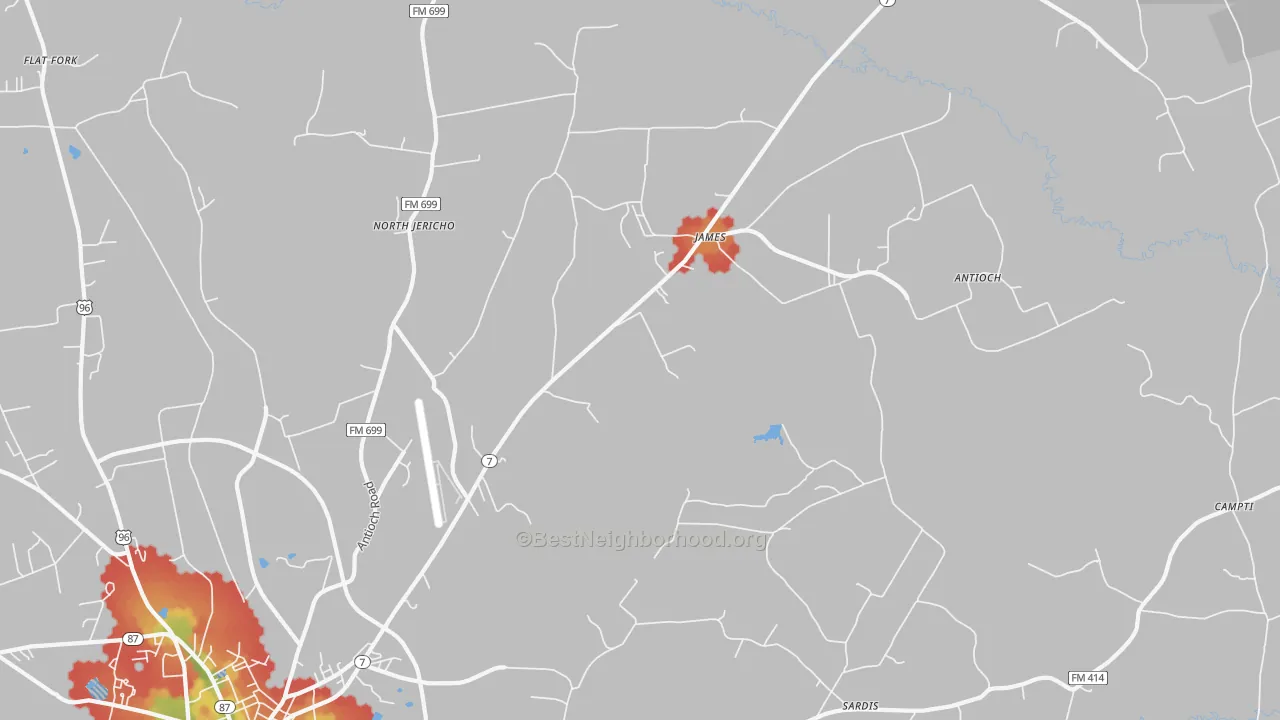 Walk Grade map of James, TX, walkable areas in green and car-dependent areas in red
