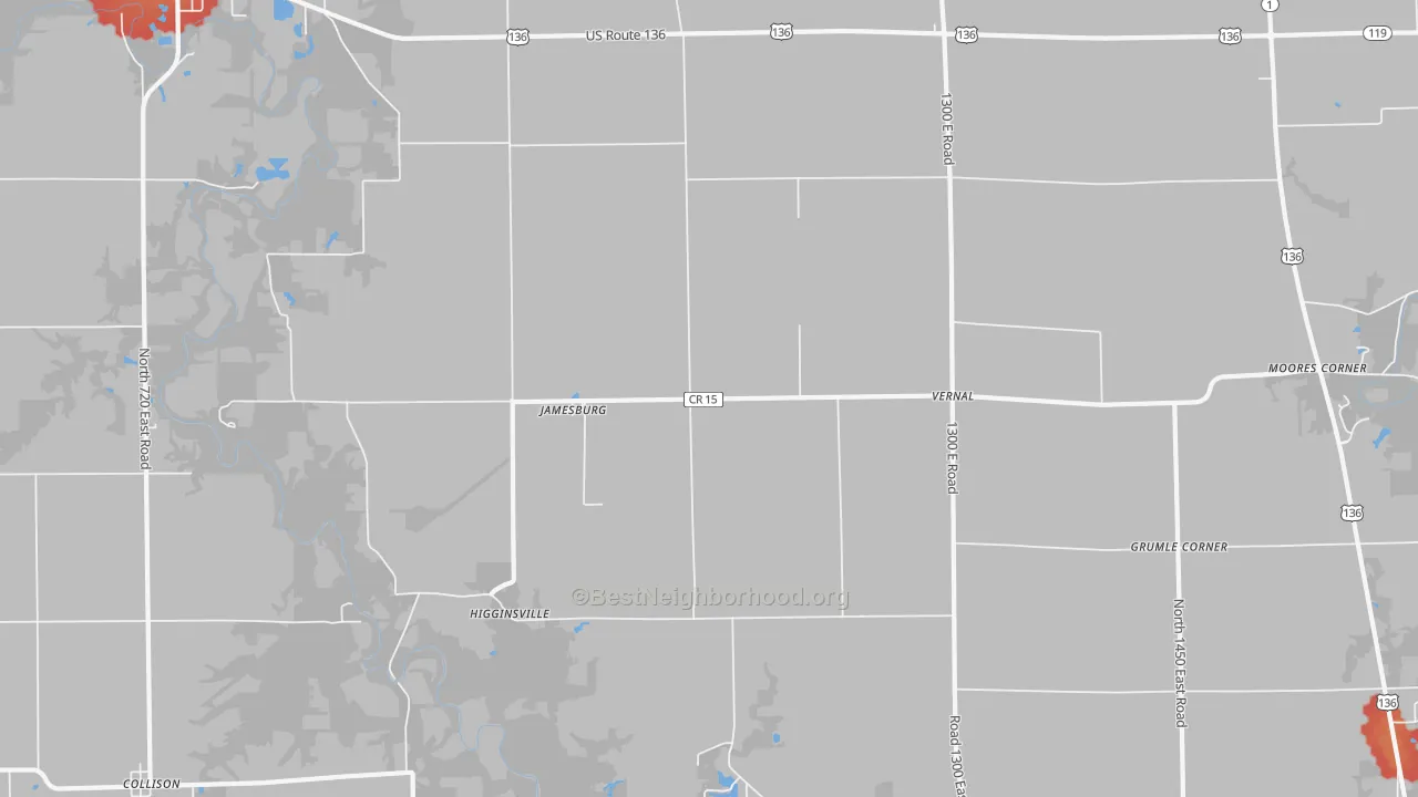 Walk Grade map of Jamesburg, IL, walkable areas in green and car-dependent areas in red