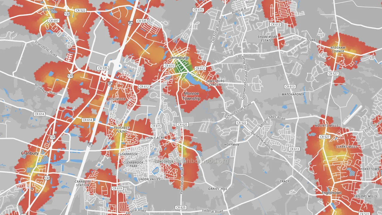 Walk Grade map of Jamesburg, NJ, walkable areas in green and car-dependent areas in red