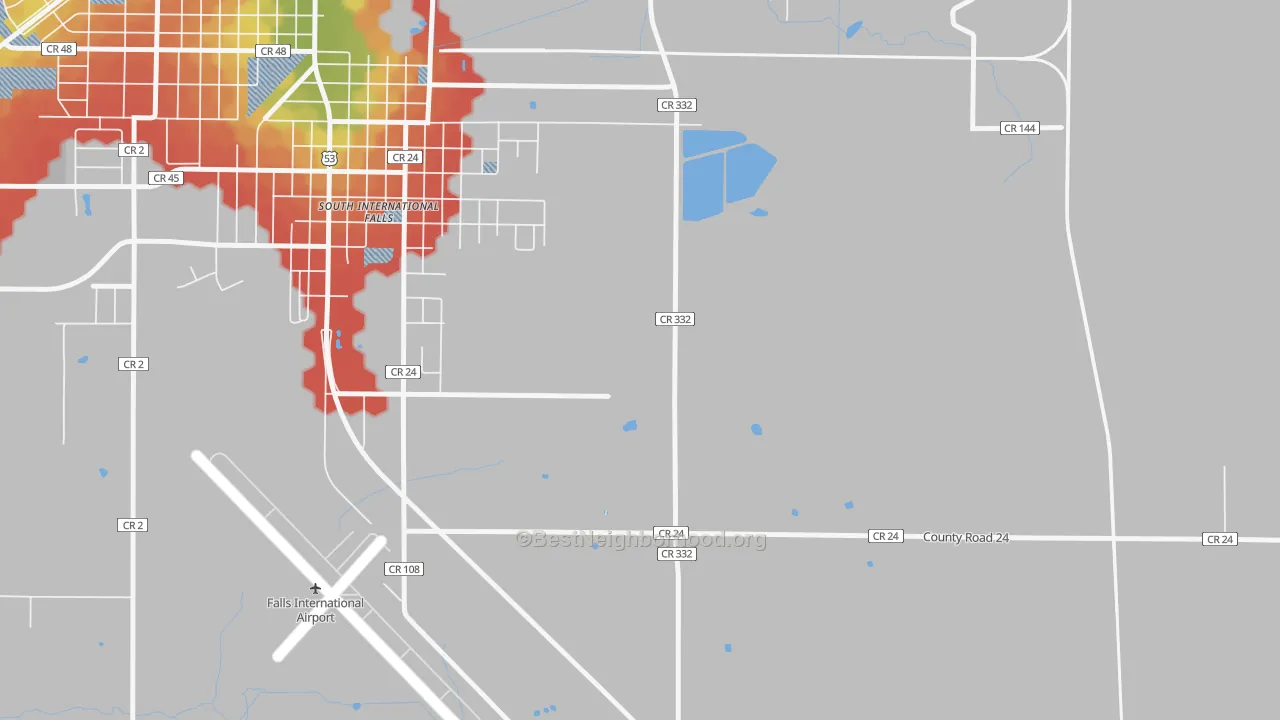 Walk Grade map of Jameson, MN, walkable areas in green and car-dependent areas in red
