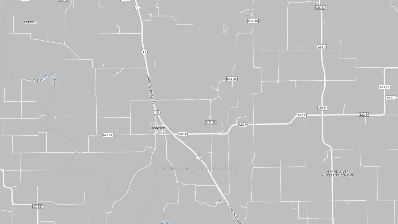 Walk Grade map of Jameson, MO, walkable areas in green and car-dependent areas in red