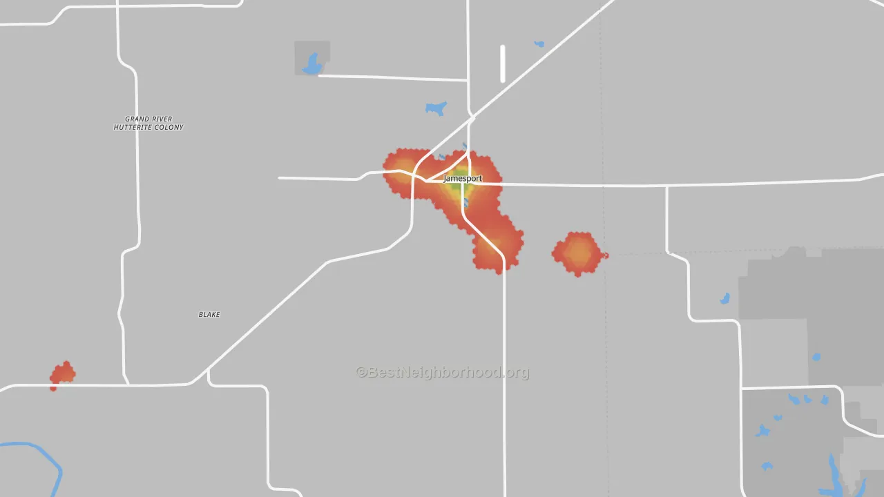 Walk Grade map of Jamesport, MO, walkable areas in green and car-dependent areas in red