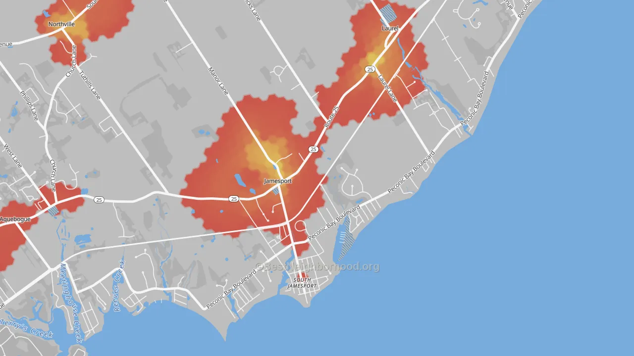 Walk Grade map of Jamesport, NY, walkable areas in green and car-dependent areas in red