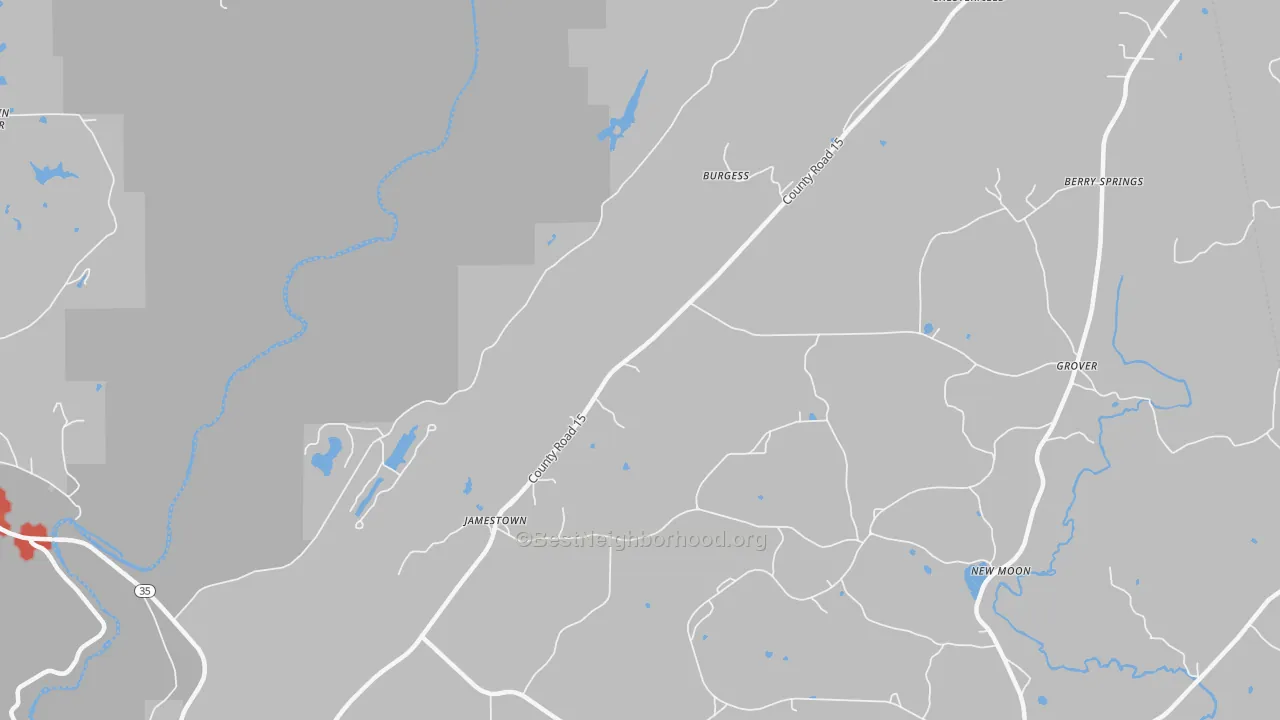 Walk Grade map of Jamestown, AL, walkable areas in green and car-dependent areas in red
