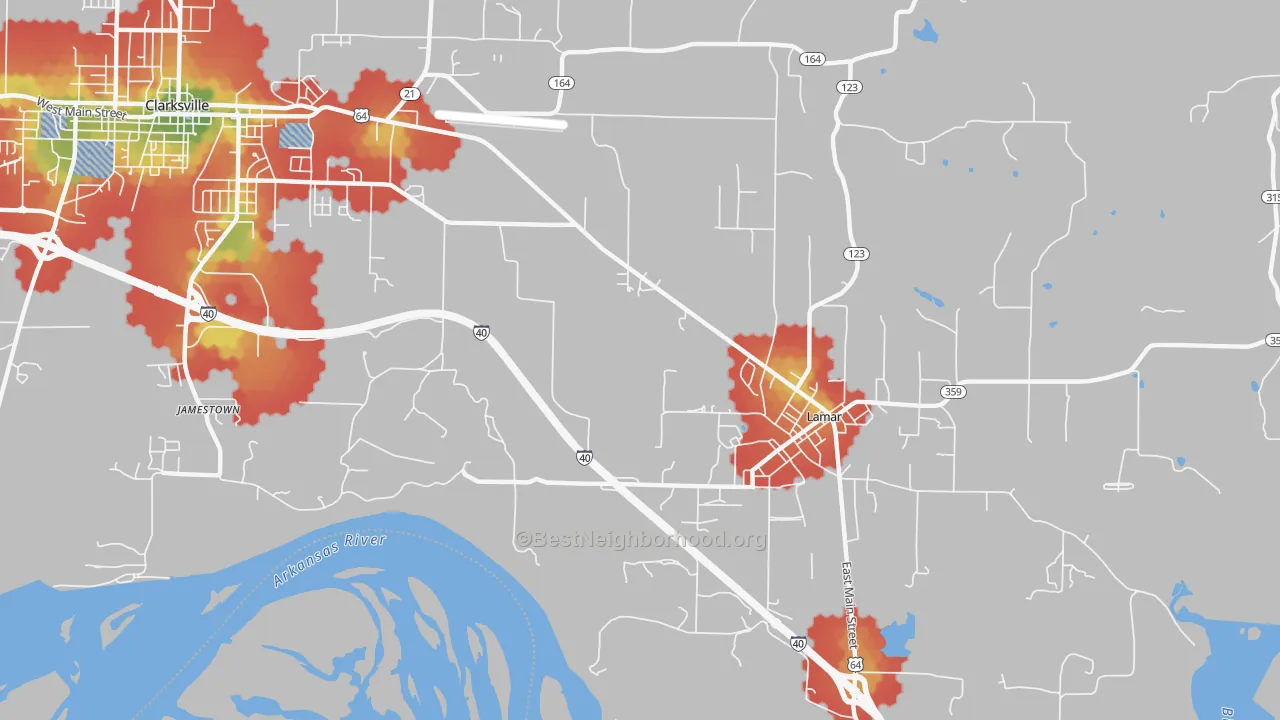 Walk Grade map of Jamestown, AR, walkable areas in green and car-dependent areas in red