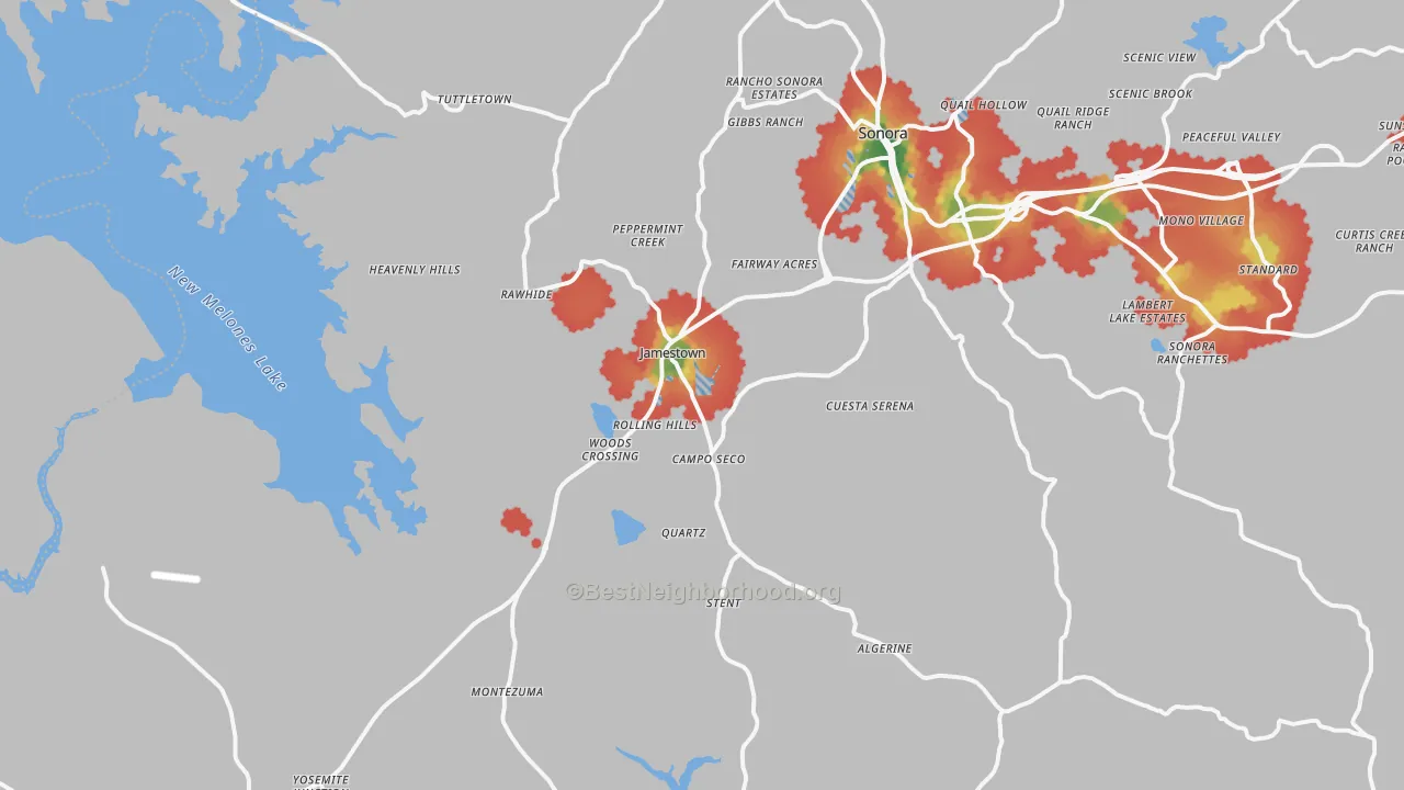Walk Grade map of Jamestown, CA, walkable areas in green and car-dependent areas in red