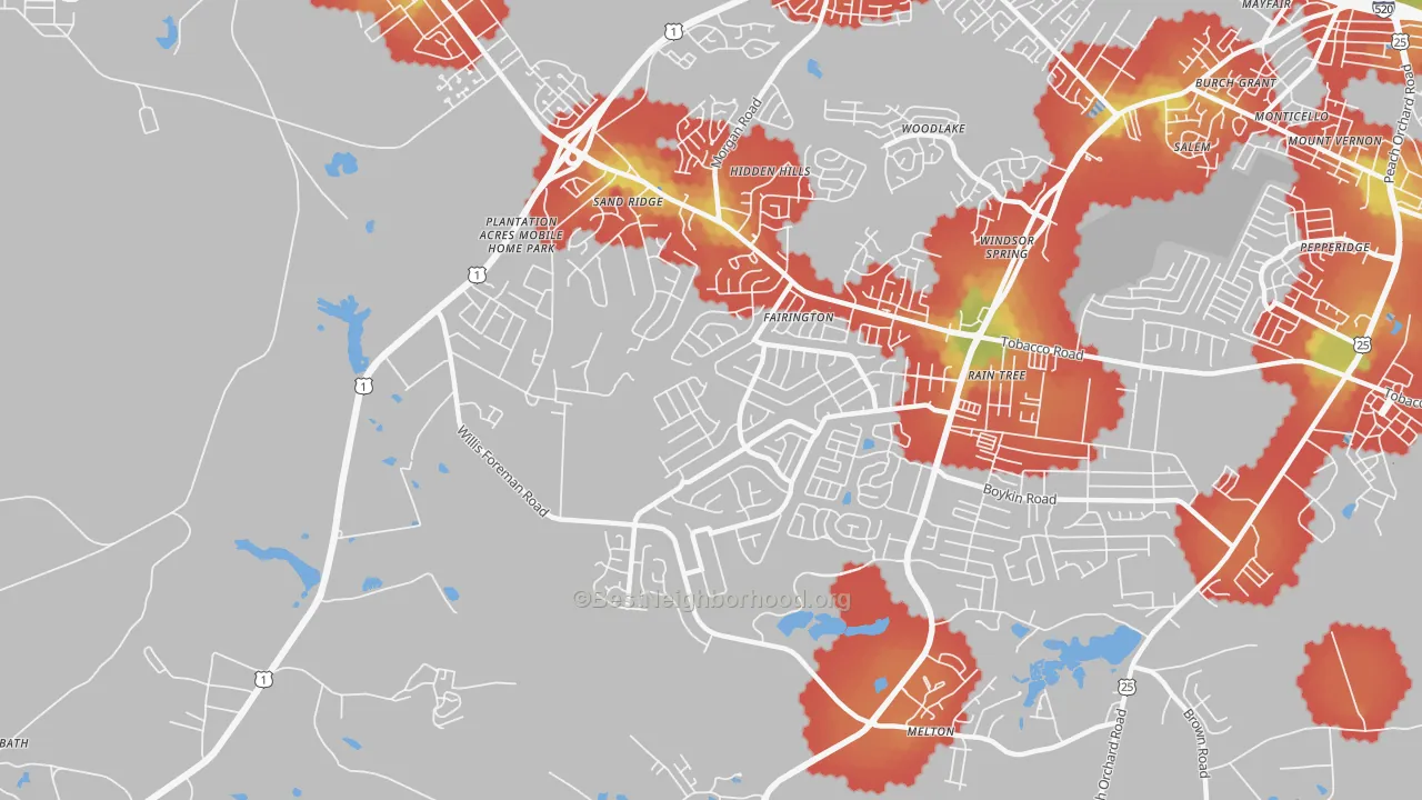 Walk Grade map of Jamestown, Hephzibah, GA, walkable areas in green and car-dependent areas in red