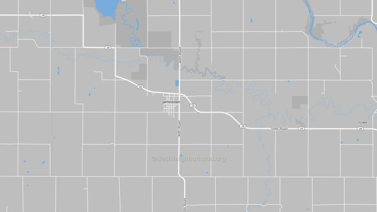 Walk Grade map of Jamestown, KS, walkable areas in green and car-dependent areas in red
