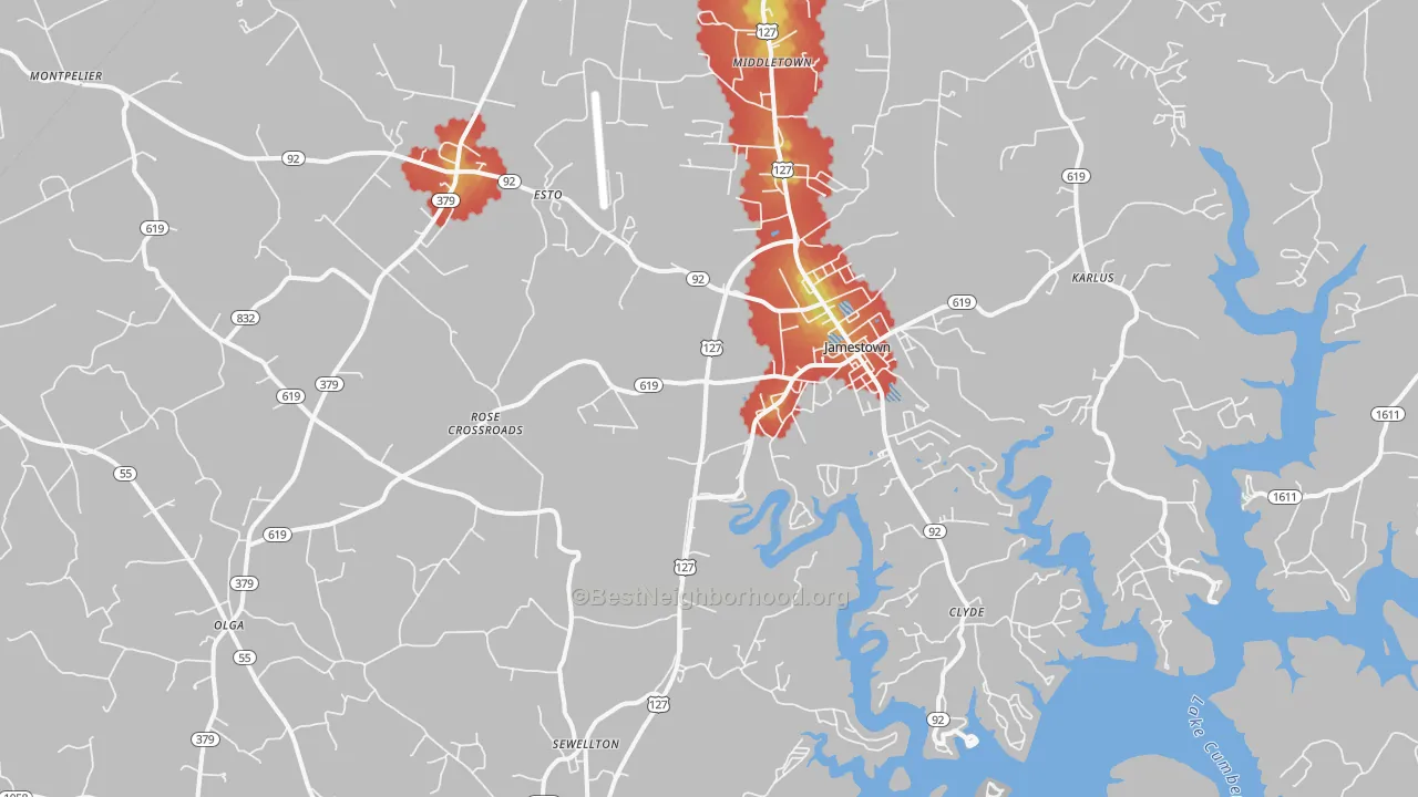 Walk Grade map of Jamestown, KY, walkable areas in green and car-dependent areas in red