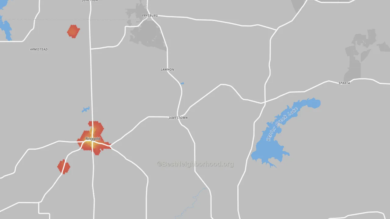 Walk Grade map of Jamestown, LA, walkable areas in green and car-dependent areas in red