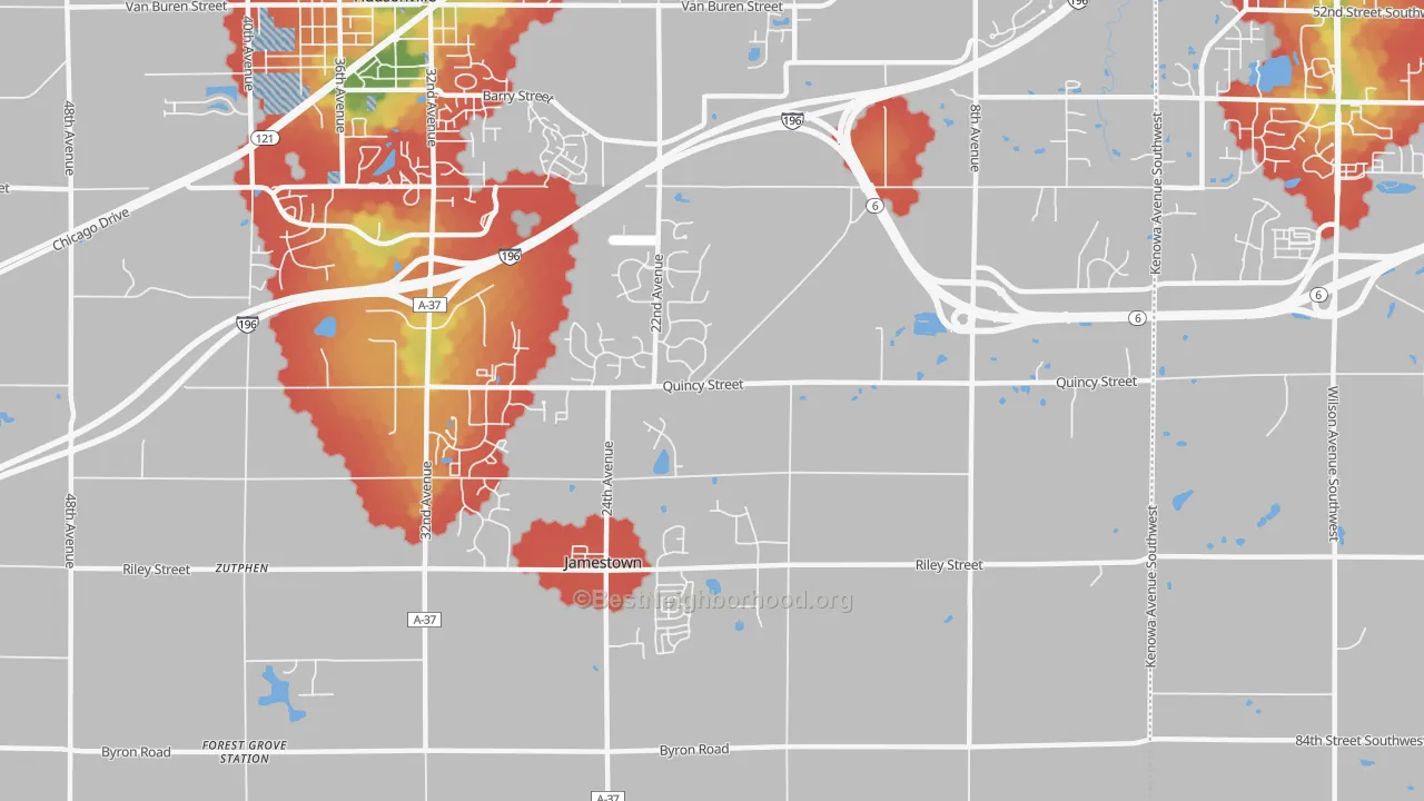 Walk Grade map of Jamestown, MI, walkable areas in green and car-dependent areas in red