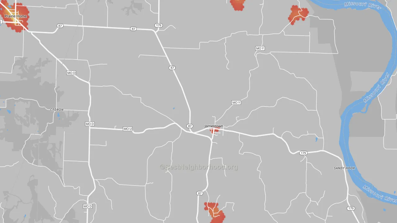 Walk Grade map of Jamestown, MO, walkable areas in green and car-dependent areas in red