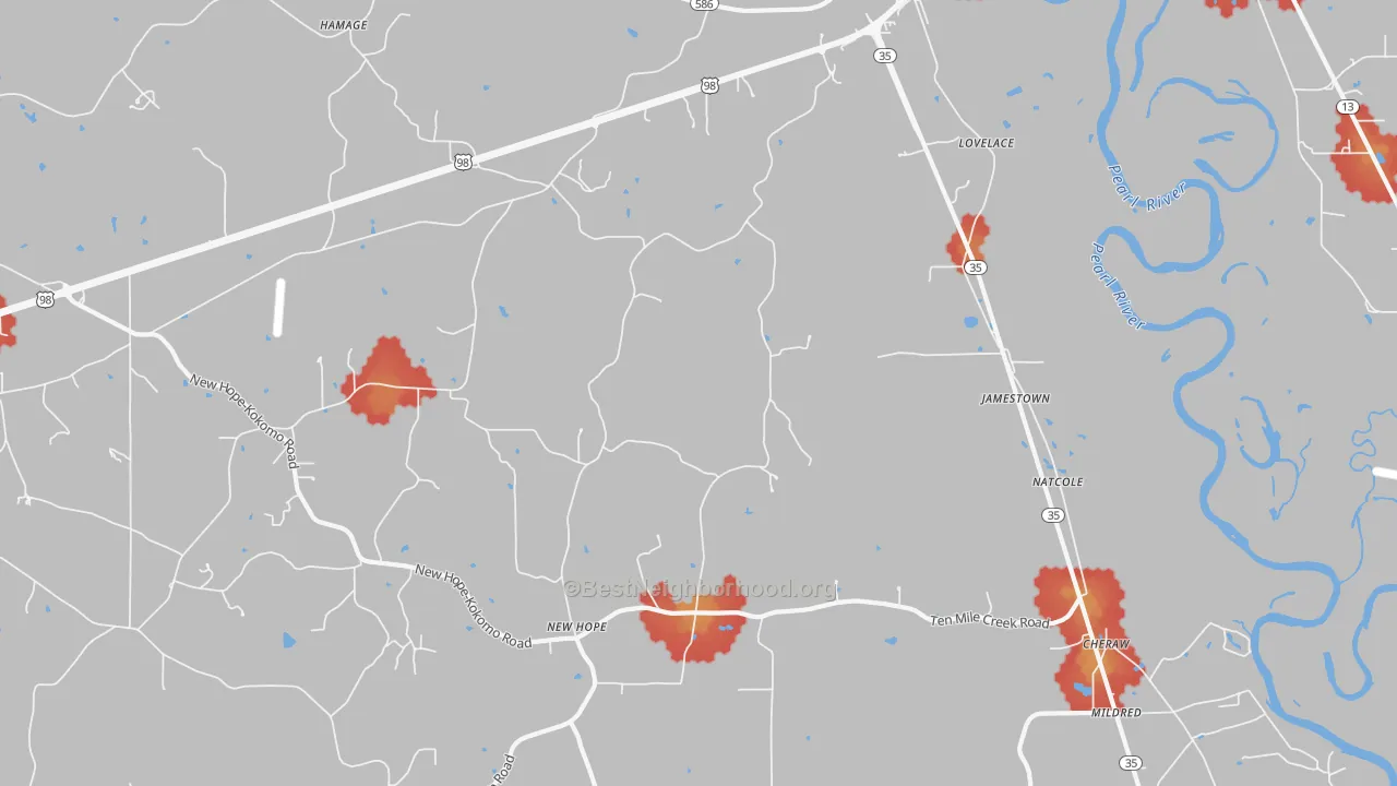 Walk Grade map of Jamestown, MS, walkable areas in green and car-dependent areas in red