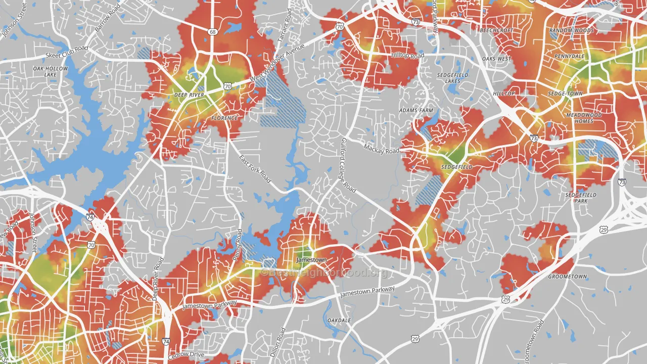 Walk Grade map of Jamestown, NC, walkable areas in green and car-dependent areas in red