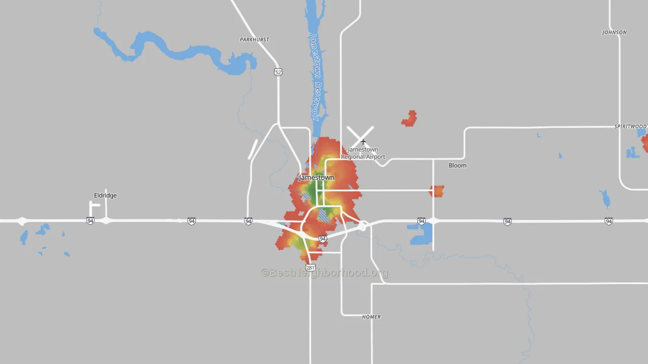 Walk Grade map of Jamestown, ND, walkable areas in green and car-dependent areas in red