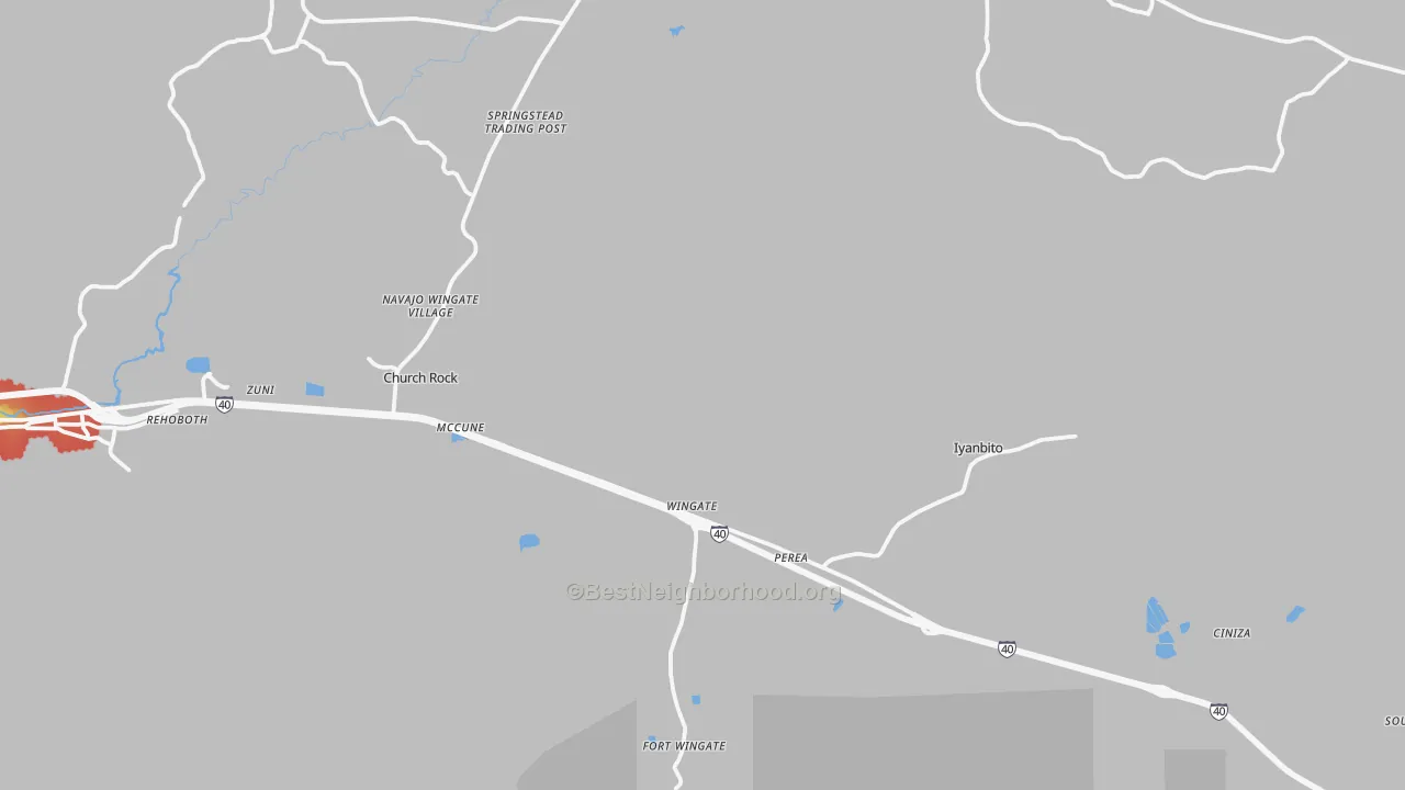 Walk Grade map of Jamestown, NM, walkable areas in green and car-dependent areas in red