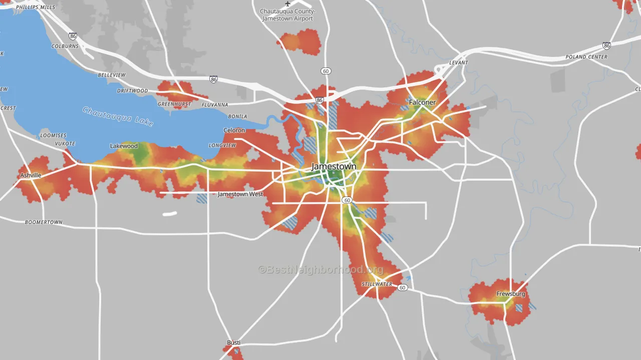 Walk Grade map of Jamestown, NY, walkable areas in green and car-dependent areas in red