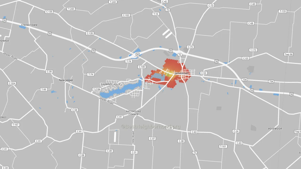 Walk Grade map of Jamestown, OH, walkable areas in green and car-dependent areas in red