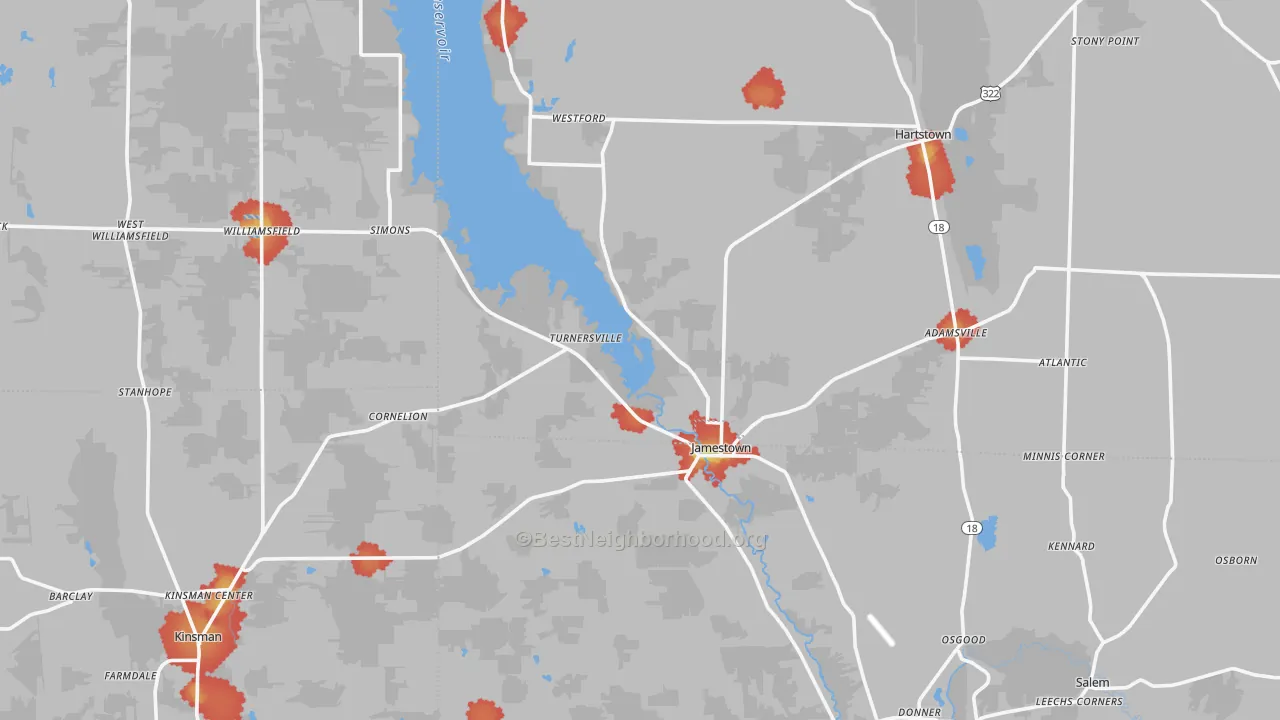 Walk Grade map of Jamestown, PA, walkable areas in green and car-dependent areas in red