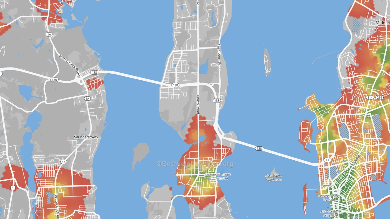 Walk Grade map of Jamestown, RI, walkable areas in green and car-dependent areas in red