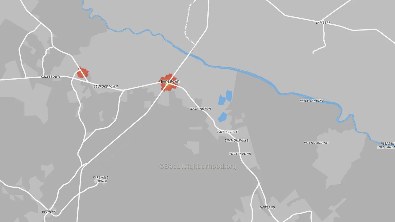 Walk Grade map of Jamestown, SC, walkable areas in green and car-dependent areas in red