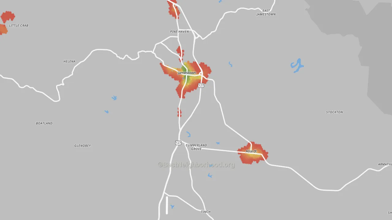 Walk Grade map of Jamestown, TN, walkable areas in green and car-dependent areas in red
