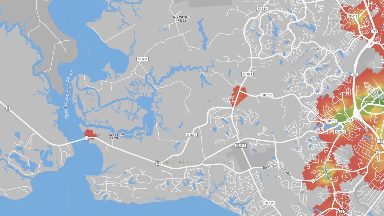 Walk Grade map of Jamestown, VA, walkable areas in green and car-dependent areas in red
