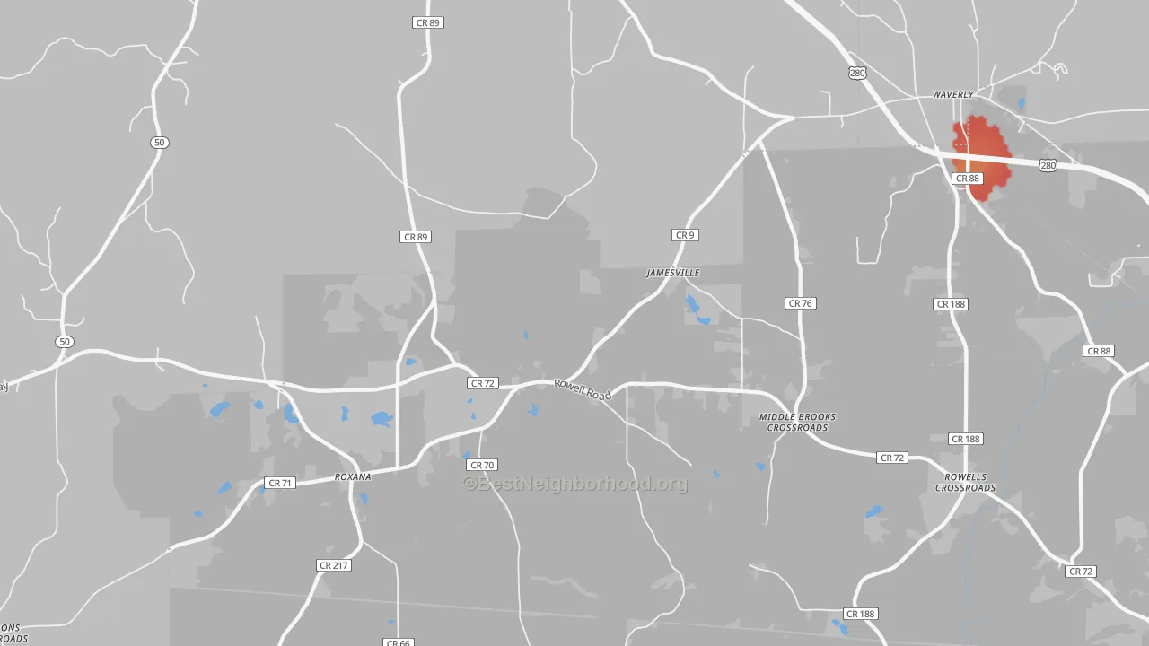 Walk Grade map of Jamesville, AL, walkable areas in green and car-dependent areas in red