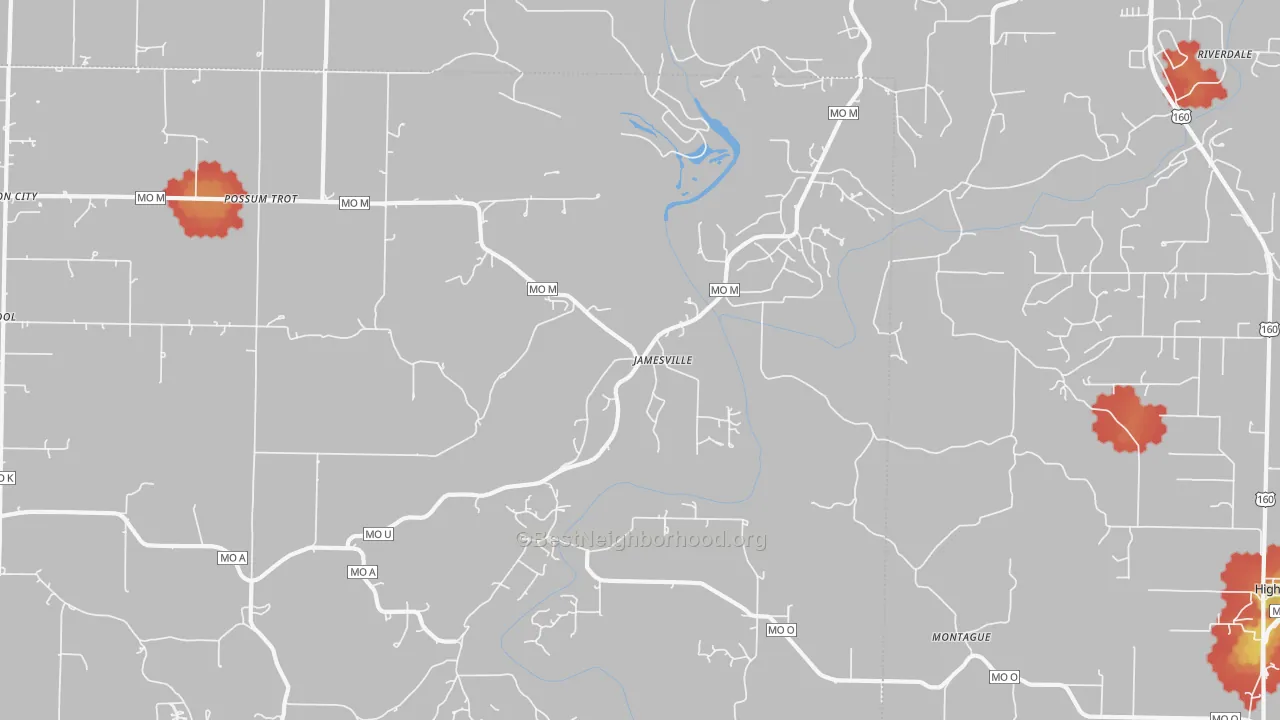 Walk Grade map of Jamesville, MO, walkable areas in green and car-dependent areas in red