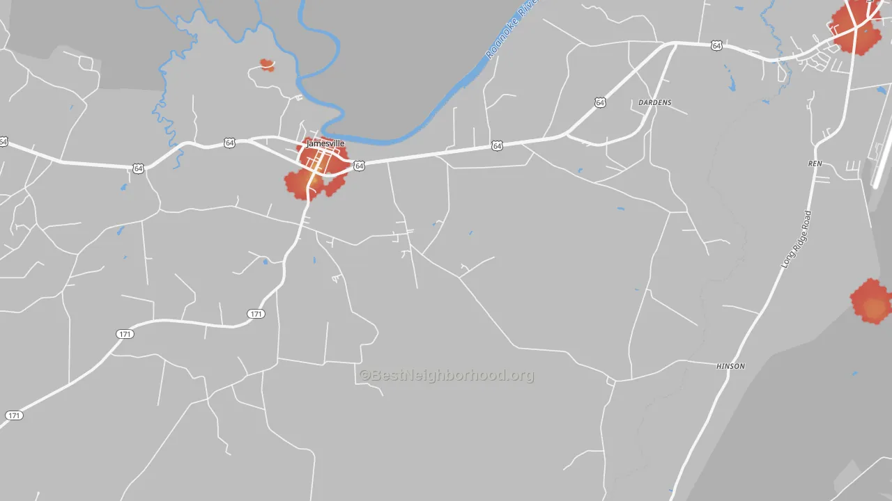 Walk Grade map of Jamesville, NC, walkable areas in green and car-dependent areas in red