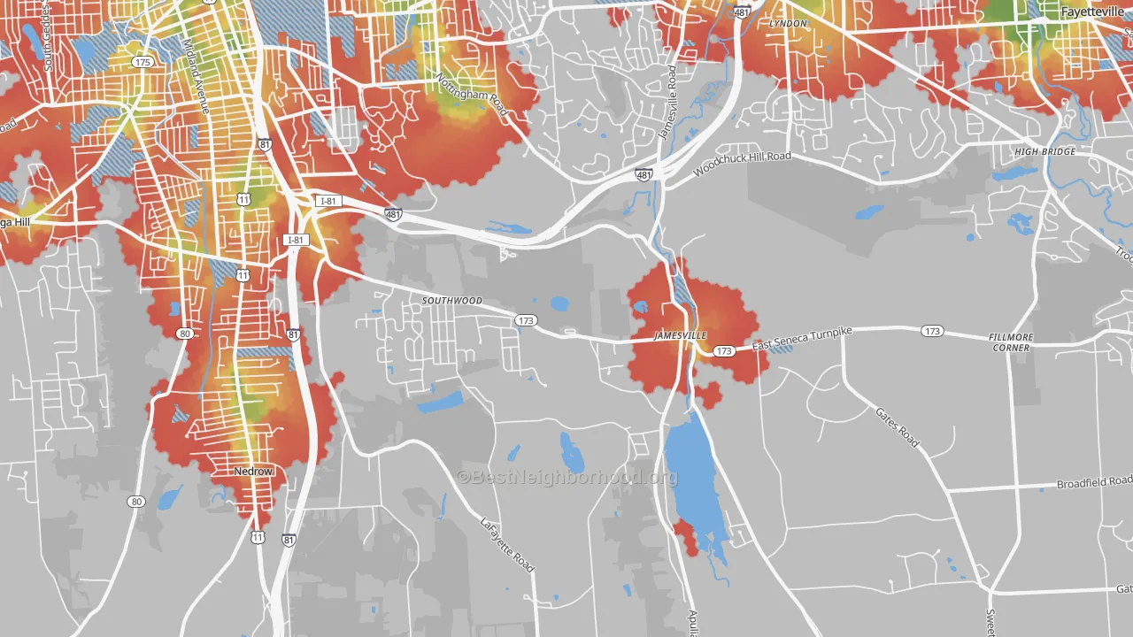 Walk Grade map of Jamesville, NY, walkable areas in green and car-dependent areas in red