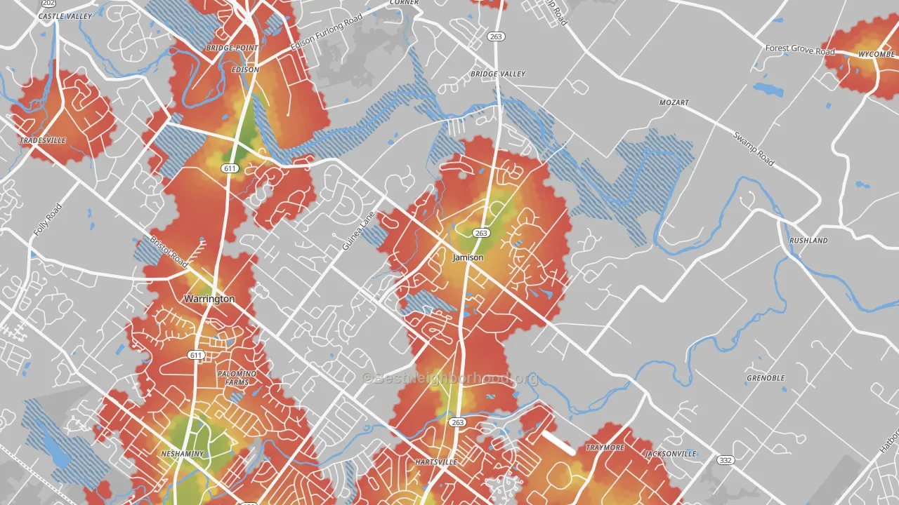 Walk Grade map of Jamison, PA, walkable areas in green and car-dependent areas in red