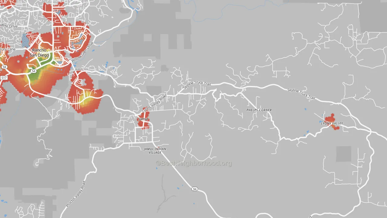 Walk Grade map of Jamul, CA, walkable areas in green and car-dependent areas in red