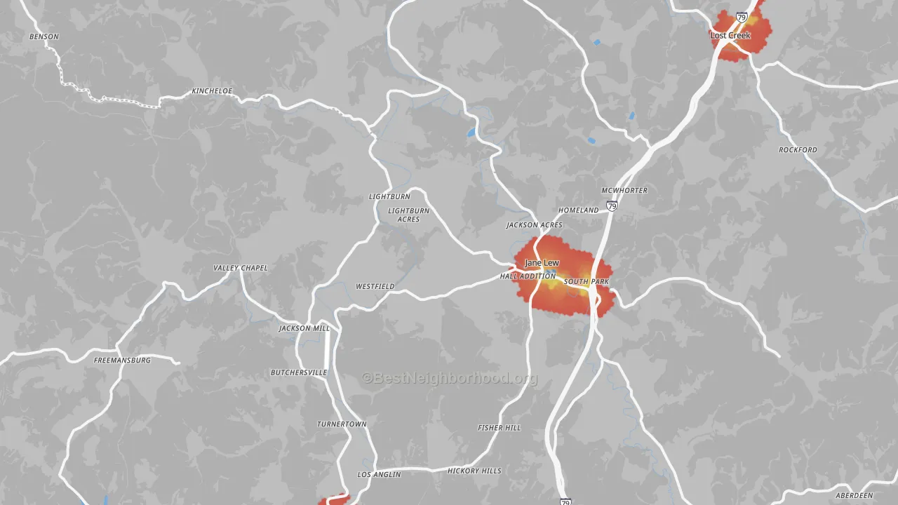 Walk Grade map of Jane Lew, WV, walkable areas in green and car-dependent areas in red