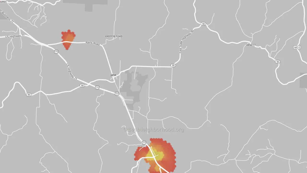 Walk Grade map of Jane, MO, walkable areas in green and car-dependent areas in red