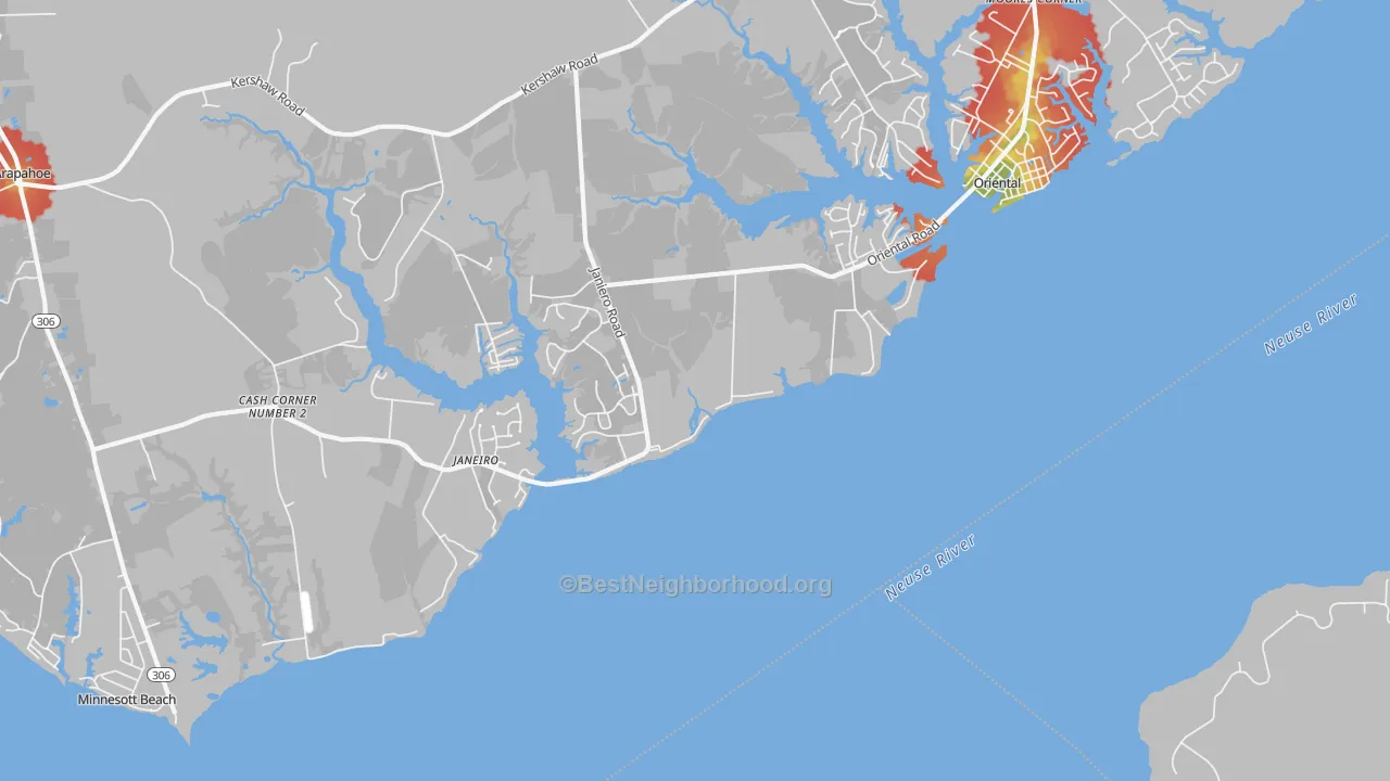 Walk Grade map of Janeiro, NC, walkable areas in green and car-dependent areas in red