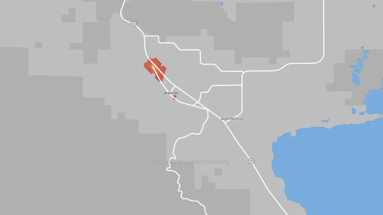 Walk Grade map of Janesville, CA, walkable areas in green and car-dependent areas in red