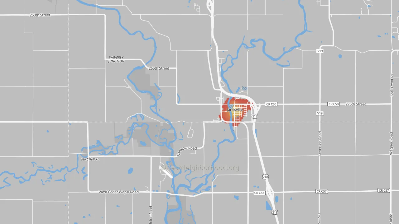 Walk Grade map of Janesville, IA, walkable areas in green and car-dependent areas in red